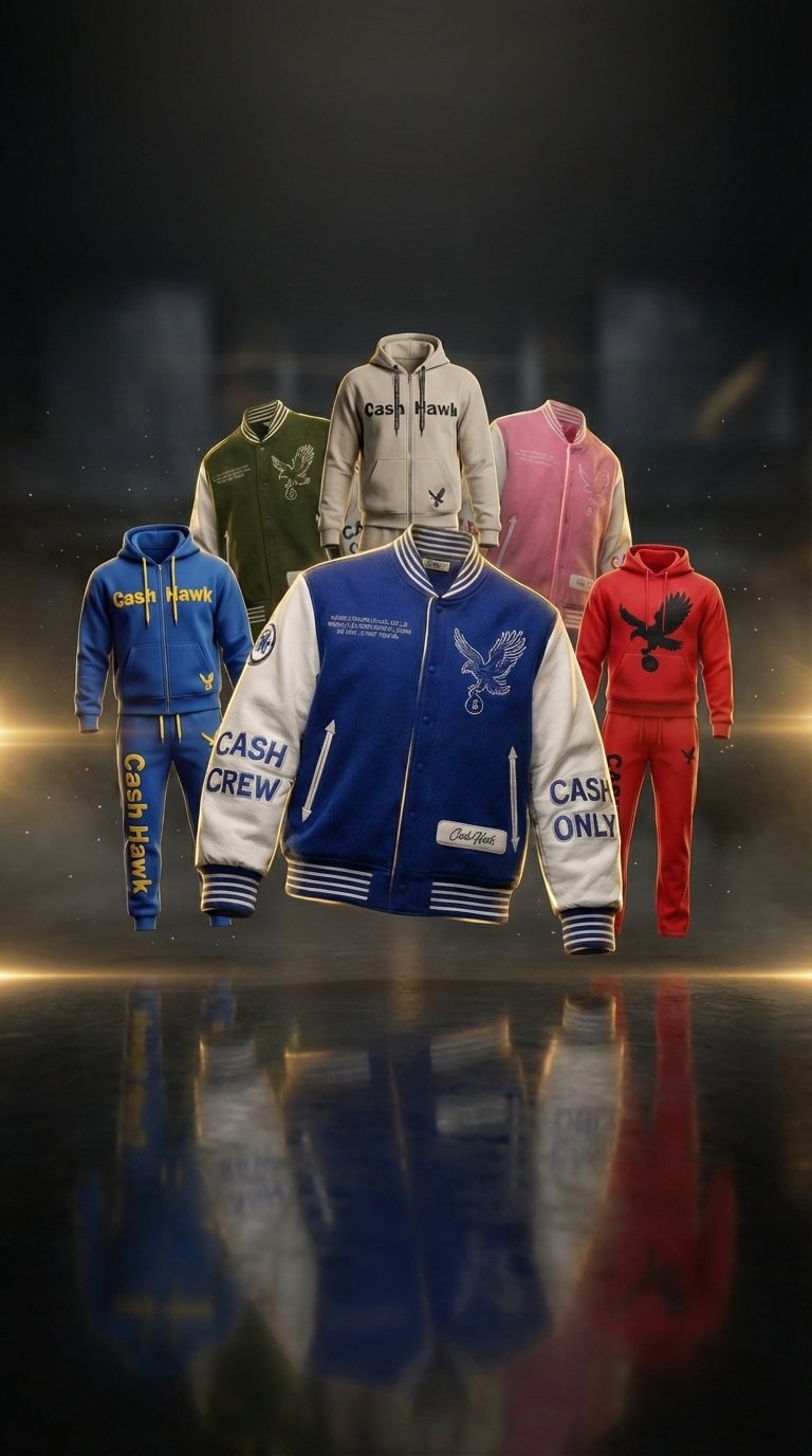Full Cash Hawk Varsity Collection Drop 001 — all colorways of jackets and sweatsuits