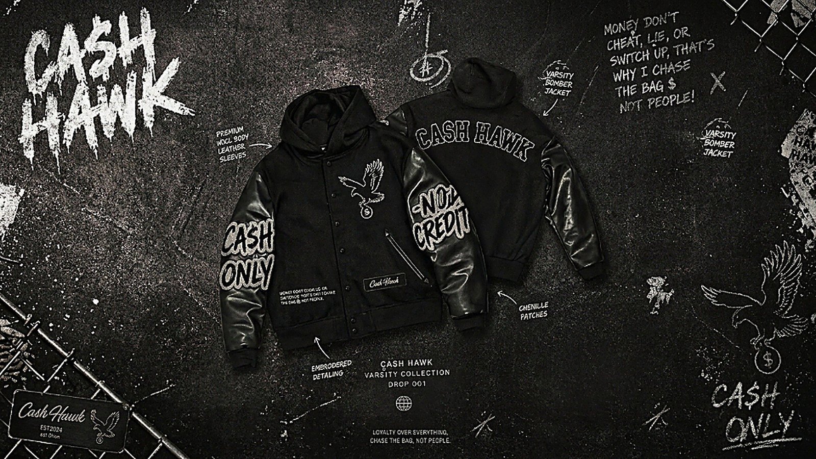 Cash Hawk varsity bomber jackets with hand embroidered eagle and money bag detail, shot against a graffiti wall