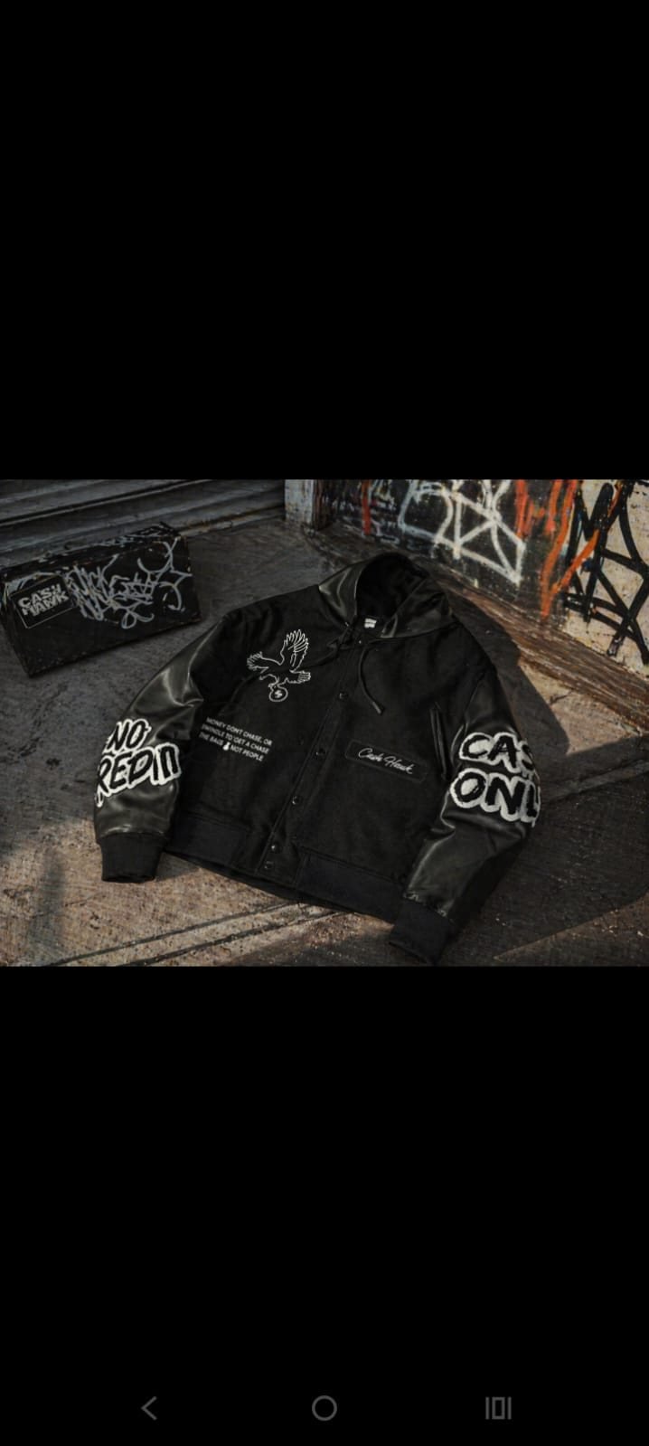 Cash Hawk Midnight Black varsity jacket with leather sleeves and embroidered eagle patch