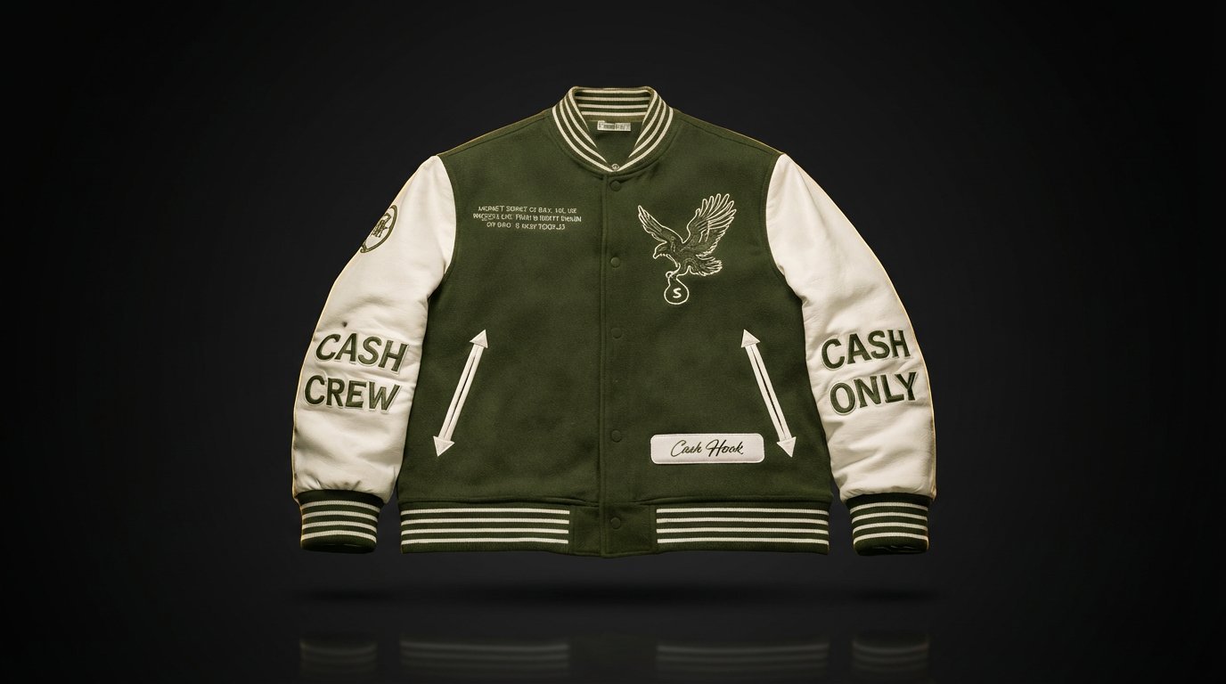 Cash Hawk Forest Cash varsity jacket with cream leather sleeves
