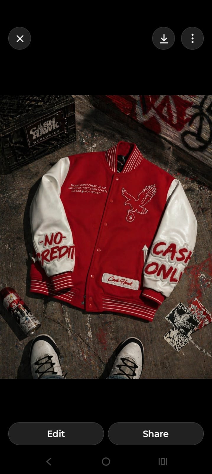 Cash Hawk Cash Red varsity jacket with white leather sleeves and gold embroidered eagle