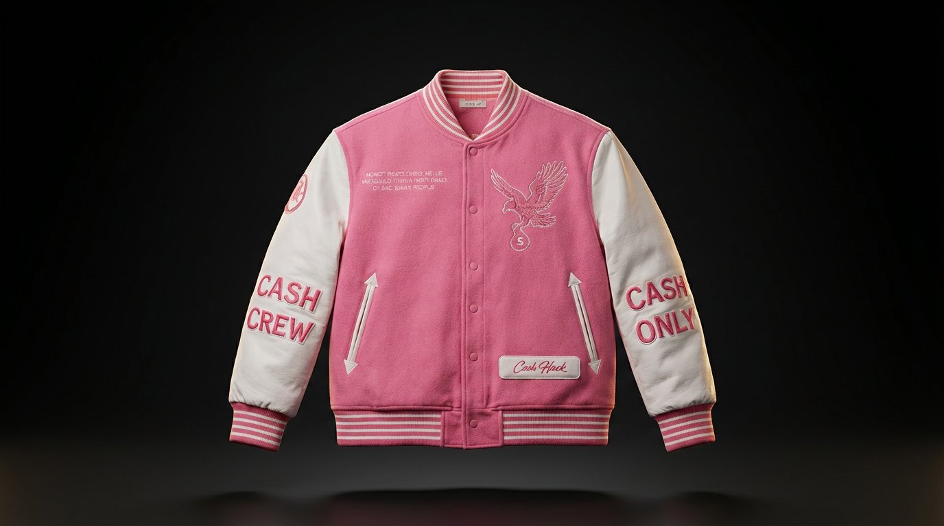 Cash Hawk Rose Gold varsity jacket with cream leather sleeves