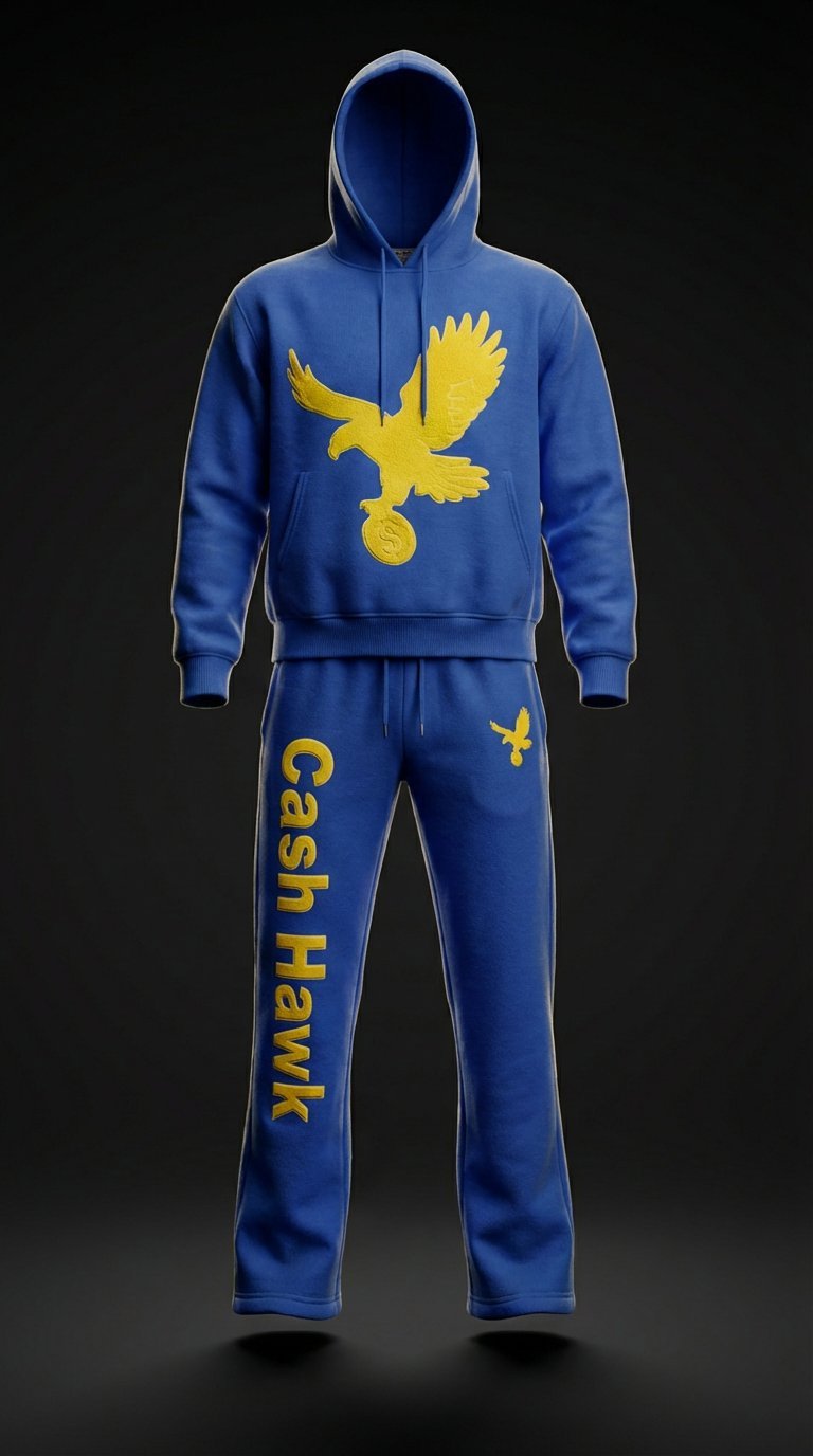 Cash Hawk Royal Blue hoodie and jogger sweatsuit with gold embroidered eagle