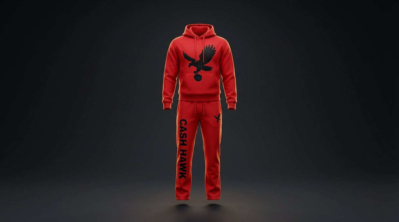 Cash Hawk Cash Red sweatsuit, wide studio shot
