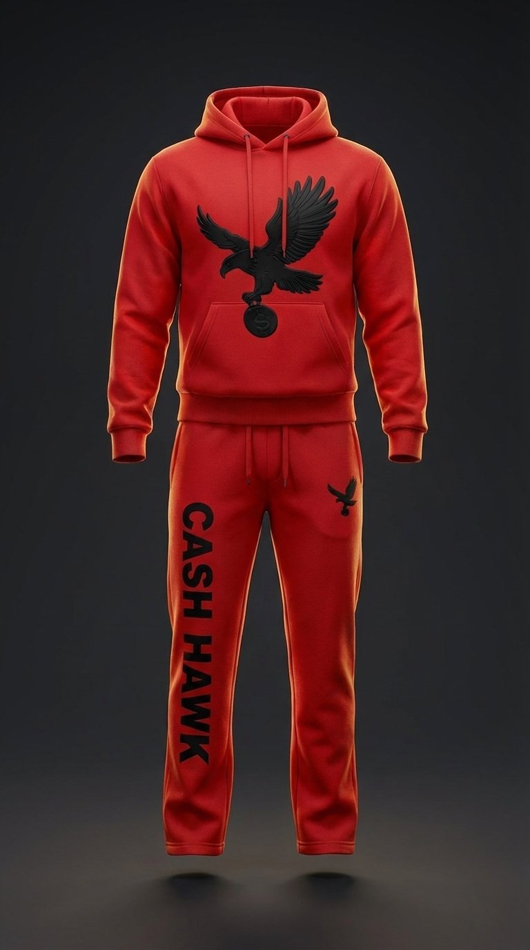 Cash Hawk Cash Red hoodie and jogger sweatsuit with black embroidered eagle