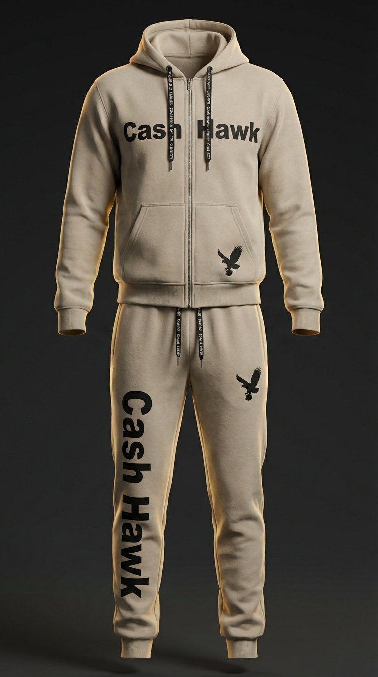 Cash Hawk Sandstone hoodie and jogger sweatsuit with black Cash Hawk wordmark